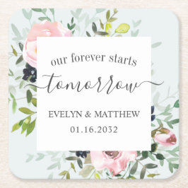 Blue Watercolor Floral Forever fängt morgen an Rechteckiger Pappuntersetzer