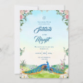 Blue Watercolor Floral Indian Peacock Wedding Einladung (Vorderseite)