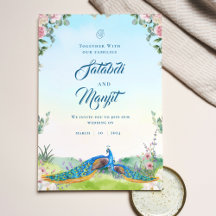Blue Watercolor Floral Indian Peacock Wedding
