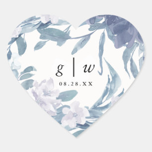 Blue Watercolor Floral mit Monogram Wedding Date Herz-Aufkleber