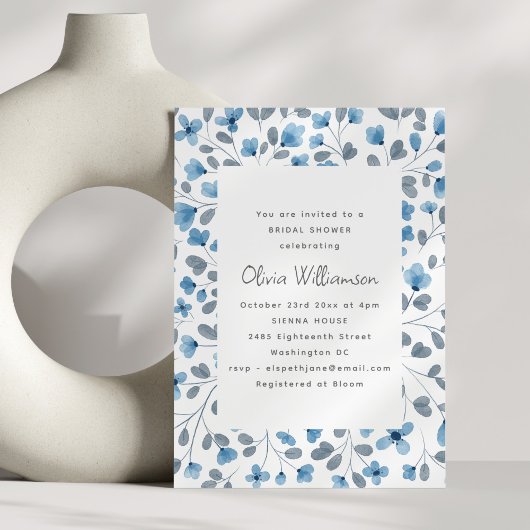 Blue Watercolor Floral Modern Bridal Shower Einladung