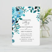 blue watercolor floral rustic wedding einladung (Stehend Vorderseite)