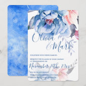 Blue Watercolor Floral Script Hochzeit Einladung (Vorne/Hinten)