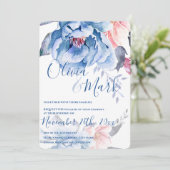Blue Watercolor Floral Script Hochzeit Einladung (Stehend Vorderseite)