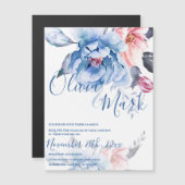 Blue Watercolor Floral Script Hochzeit Magneteinladung (Vorne/Hinten)