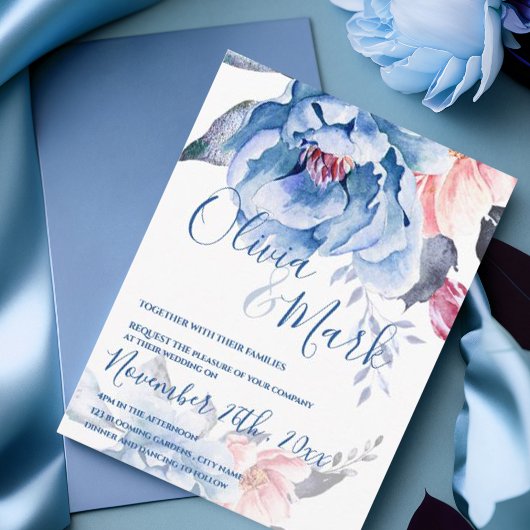Blue Watercolor Floral Script Hochzeit Postkarte
