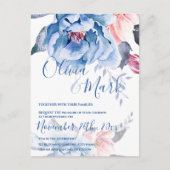Blue Watercolor Floral Script Hochzeit Postkarte (Vorderseite)