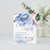Blue Watercolor Floral Script Hochzeit Postkarte (Stehend Vorderseite)