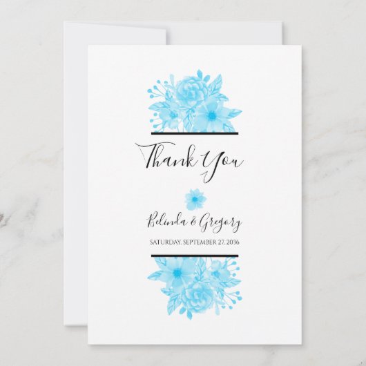 Blue Watercolor Floral Wedding Danke Karte (Rückseite)
