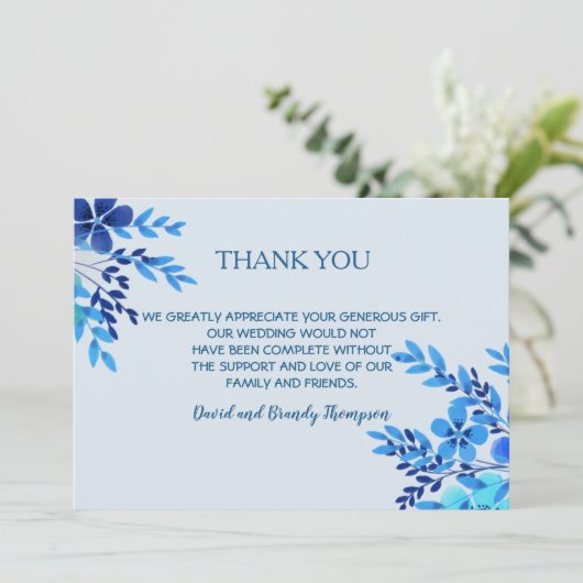 Blue Watercolor Floral Wedding Danke Notiz (Stehend Vorderseite)