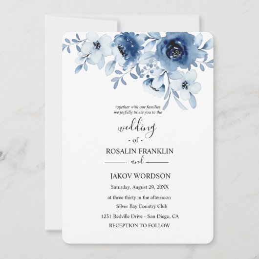 blue watercolor floral wedding Invitation Einladung (Vorderseite)