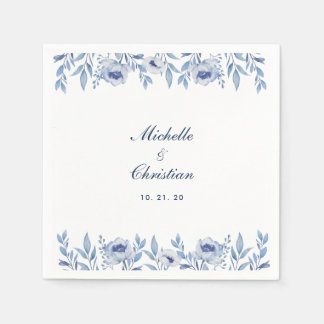 Blue Watercolor Floral Wedding Napkin Serviette