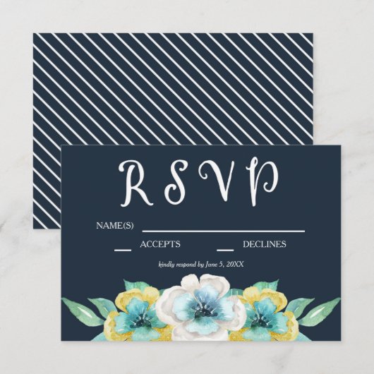 Blue Watercolor Floral Wedding RSVP Karte (Vorne/Hinten)