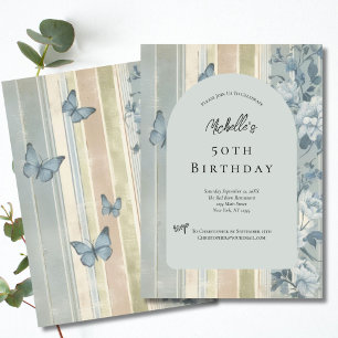 Blue Watercolor Florals Butterflies 50. Geburtstag Einladung