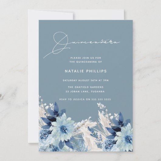 Blue Watercolor Florals Modernes Quinceañera Party Einladung (Vorderseite)