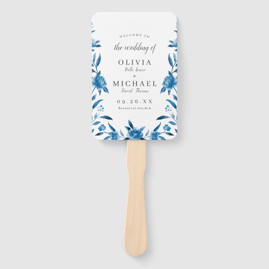 Blue Watercolor Florence Chinoiserie Hochzeitsprog Fächer (Vorderseite)
