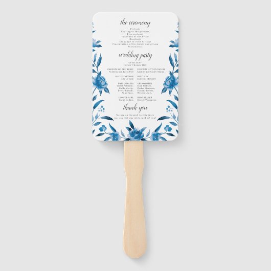 Blue Watercolor Florence Chinoiserie Hochzeitsprog Fächer (Rückseite)
