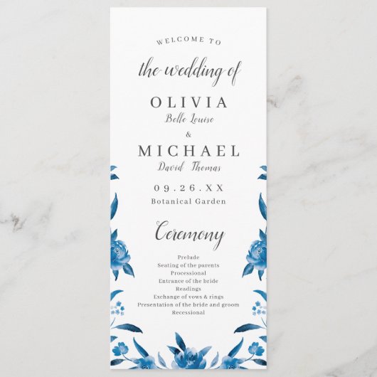 Blue Watercolor Florence Chinoiserie Hochzeitsprog Menükarte (Vorderseite)