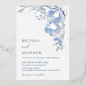 Blue Watercolor Flowers Casual Wedding Folieneinladung (Vorderseite)