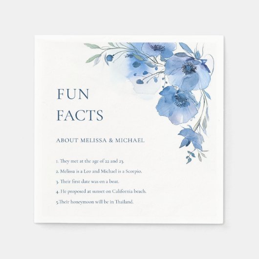 Blue Watercolor Flowers Fun Facts Wedding  Serviette (Vorderseite)
