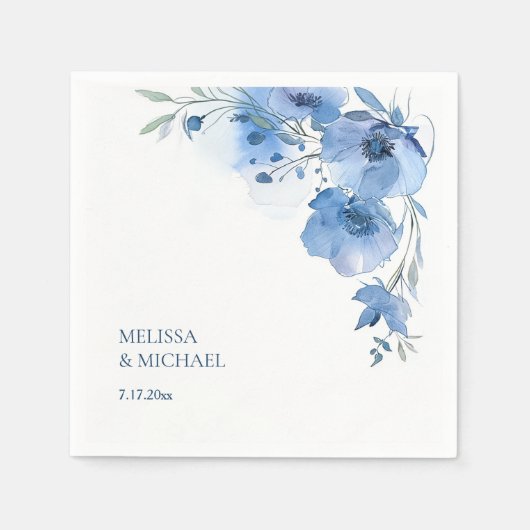 Blue Watercolor Flowers Wedding Serviette (Vorderseite)
