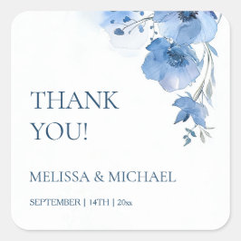 Blue Watercolor Flowers Wedding Thank You Quadratischer Aufkleber