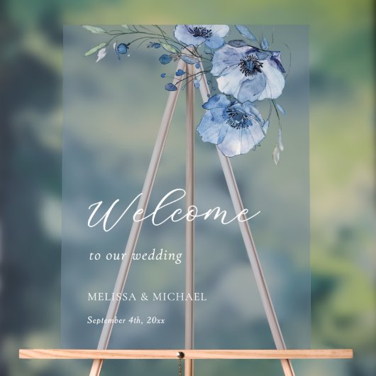 Blue Watercolor Flowers Wedding Welcome Acrylschild (Neutral)