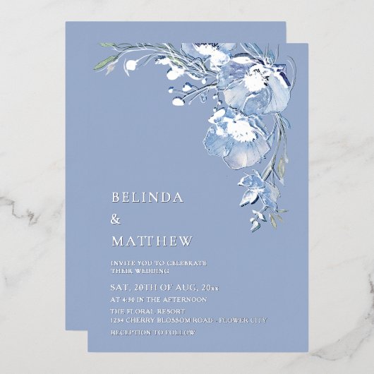 Blue Watercolor Flowers White Silver Folieneinladung (Vorderseite/Rückseite)