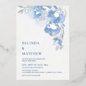 Blue Watercolor Flowers White Silver Folieneinladung (Vorderseite)