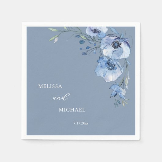 Blue Watercolor Flowers Your Names Wedding Serviette (Vorderseite)