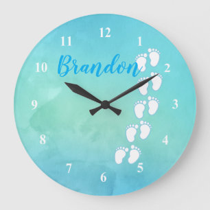Blue Watercolor Footprint Little Baby Feet Name Große Wanduhr