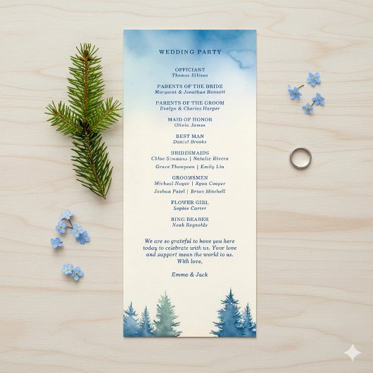 Blue Watercolor Forest Moderne Natur Hochzeit Programm