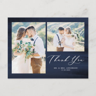 Blue Watercolor Foto Collage Wedding Vielen Dank Postkarte
