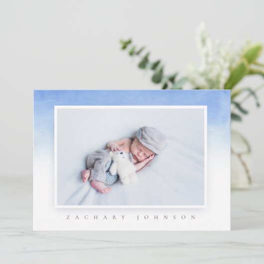 Blue Watercolor Foto Taufe Party Einladung (Stehend Vorderseite)