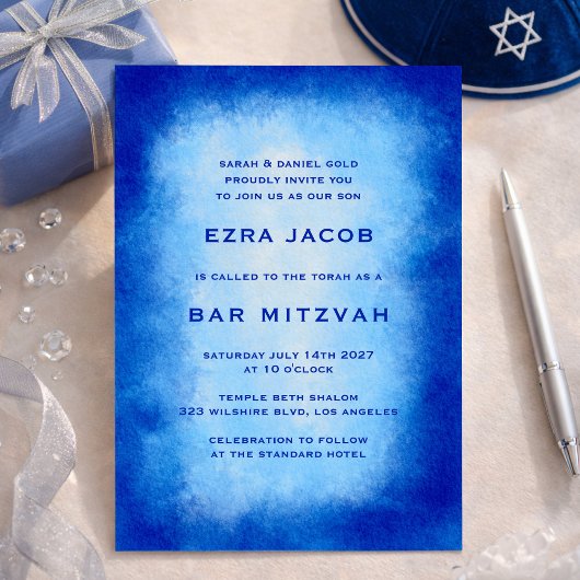 Blue Watercolor Frame Custom Bar Bat Mitzvah Einladung