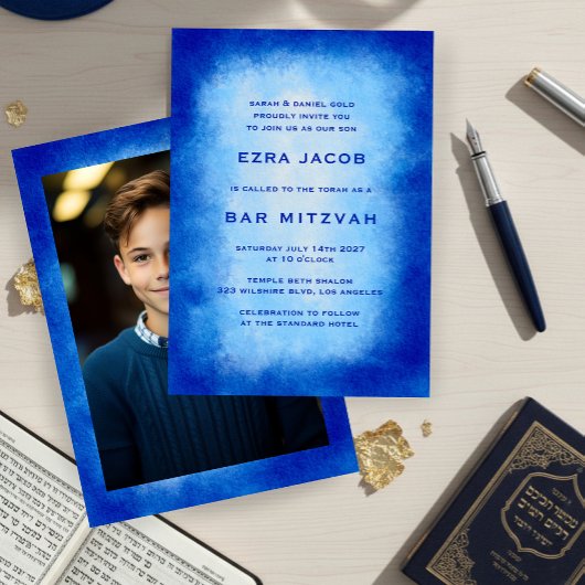 Blue Watercolor Frame Custom PHOTO Bar Bat Mitzvah Einladung