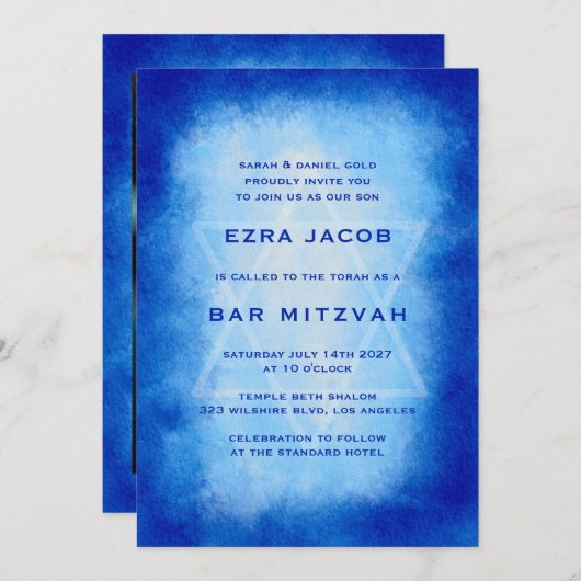 Blue Watercolor Frame Custom PHOTO Bar Bat Mitzvah Einladung (Vorne/Hinten)