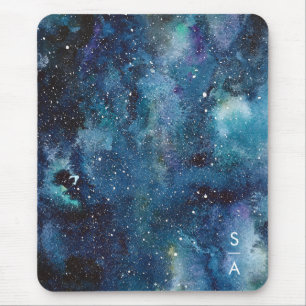 Blue Watercolor Galaxy Space Stars Initialen Mousepad