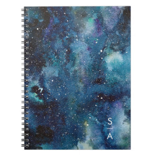 Blue Watercolor Galaxy Space Stars Initialen Notizblock