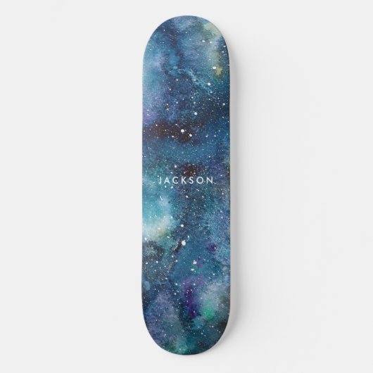 Blue Watercolor Galaxy Space Stars Name Skateboard (Vorderseite)