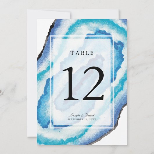 Blue Watercolor Geodes Wedding Tischnummer (Rückseite)
