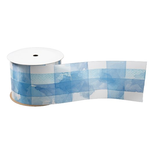 Blue Watercolor Gingham Satinband (Spule)