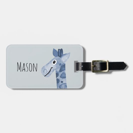 Blue Watercolor Giraffe Safari und Name der Kinder Gepäckanhänger (Vorderseite horizontal)