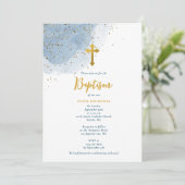 Blue Watercolor Glitzer Gold Cross Taufe Boy Einladung (Stehend Vorderseite)