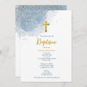 Blue Watercolor Glitzer Gold Cross Taufe Boy Einladung (Vorne/Hinten)