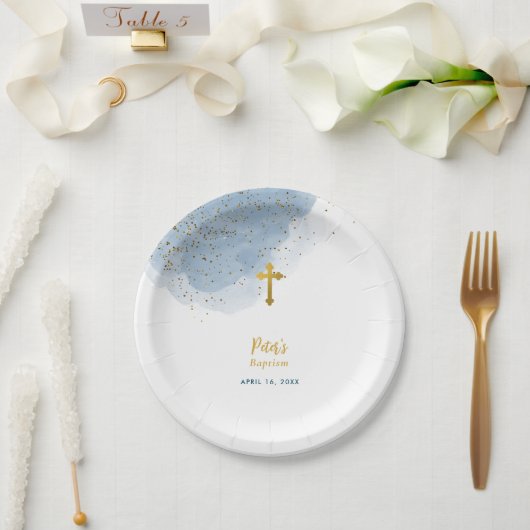 Blue Watercolor Glitzer Gold Cross Taufe Boy Pappteller (Hochzeit)
