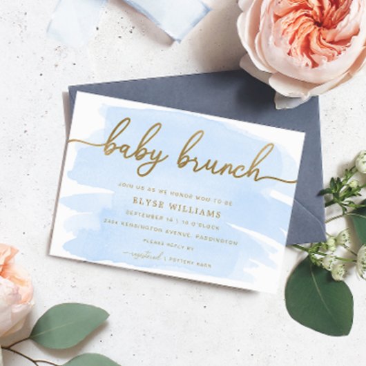 Blue Watercolor Gold Baby Brunch Einladung
