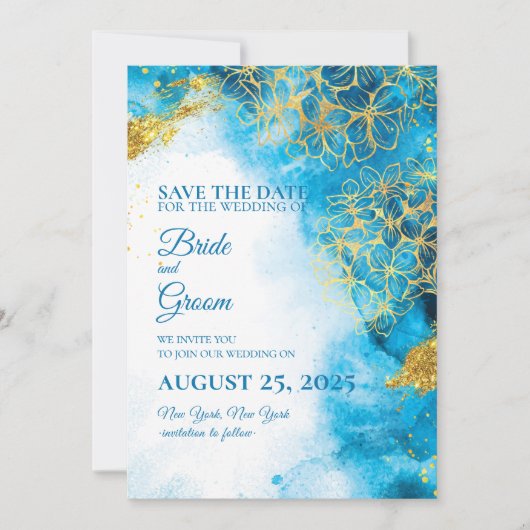 Blue Watercolor & Gold Blume Save the Date Card Einladung (Vorderseite)