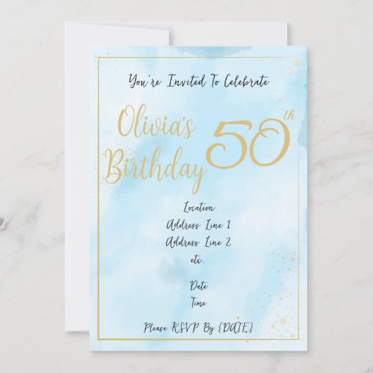Blue Watercolor & Gold Border Birthday Einladung (Vorderseite)