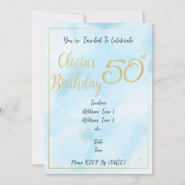 Blue Watercolor & Gold Border Birthday Einladung
